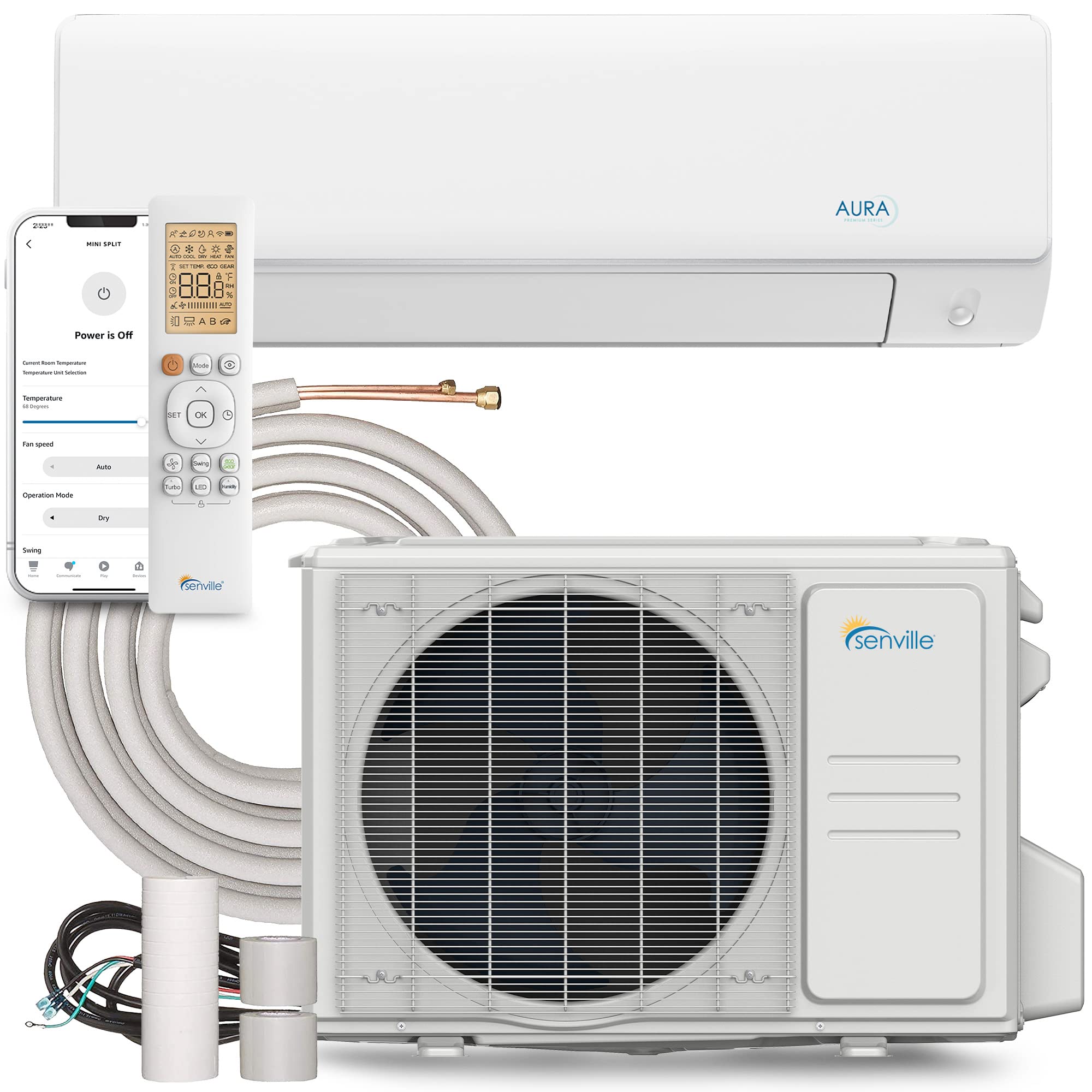 Pillowle AURA mini split air conditioner with heat pump in white, 24000 BTU, showing indoor unit with digital display and vents