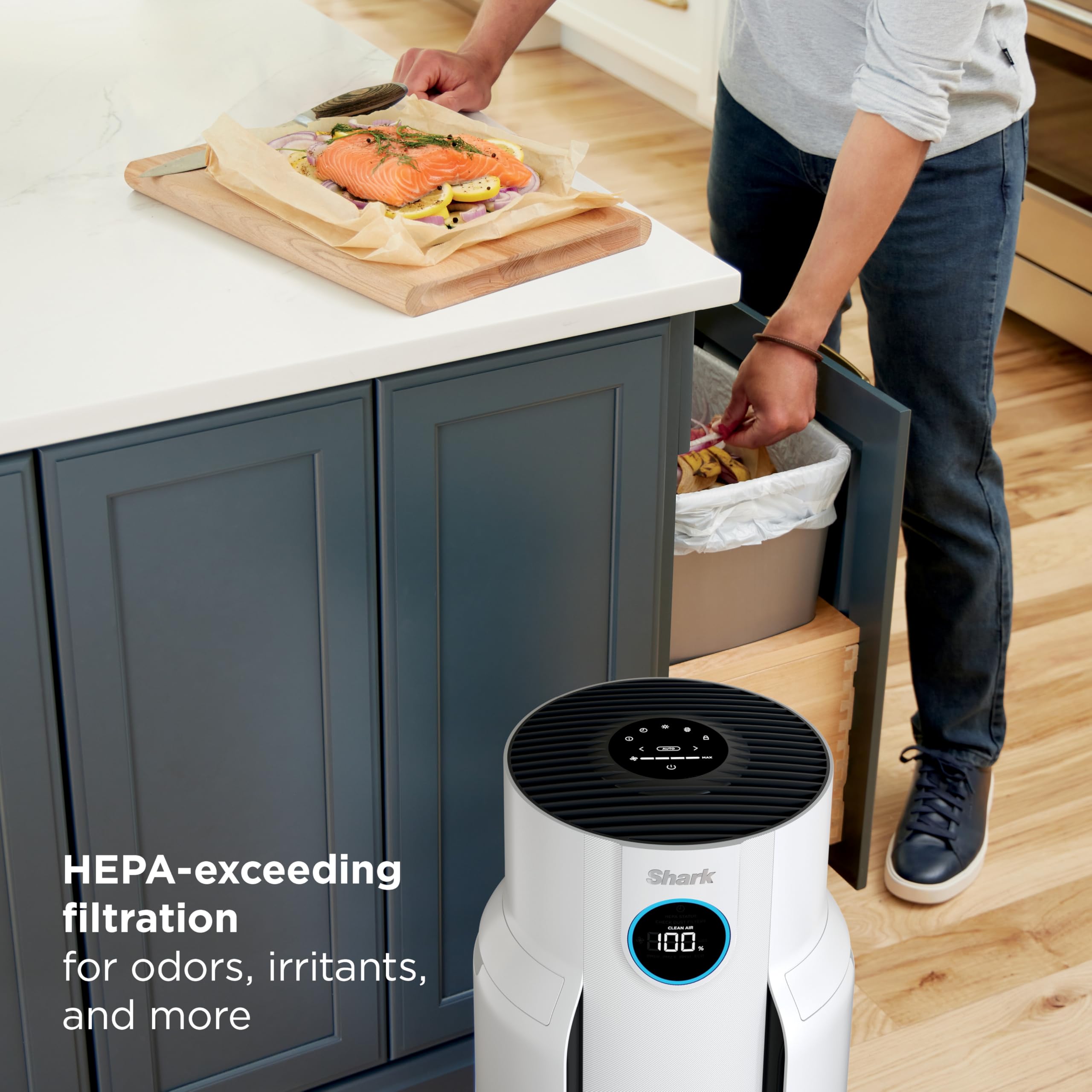 Pillowle NeverChange Air Purifier Max HP302 in dove color with odor neutralizer, showing sleek design and control panel.