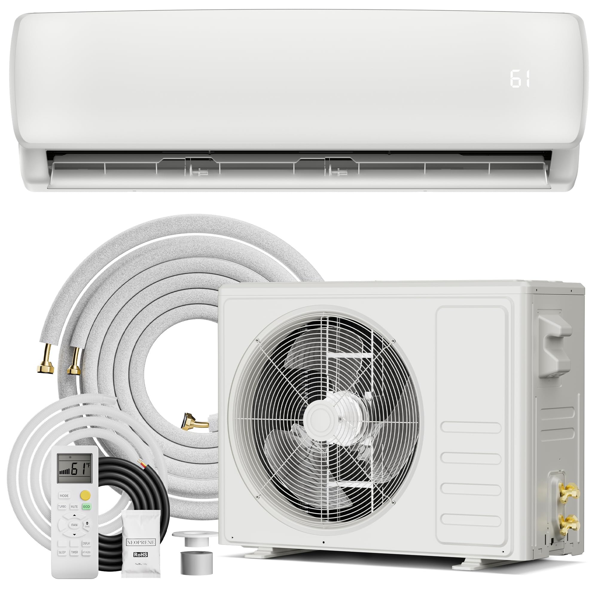 Pillowle 9000 BTU mini split AC and heater with 19 SEER2 energy-efficient ductless inverter system, cooling and heating in a compact unit.