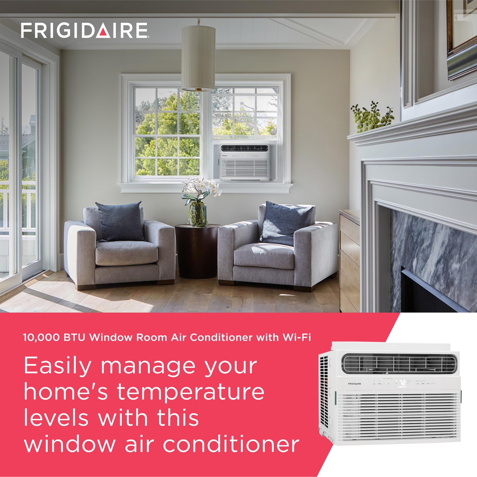 Pillowle 10,000 BTU smart window air conditioner with Wi-Fi, remote control, and quiet operation cooling a room up to 450 sq ft.