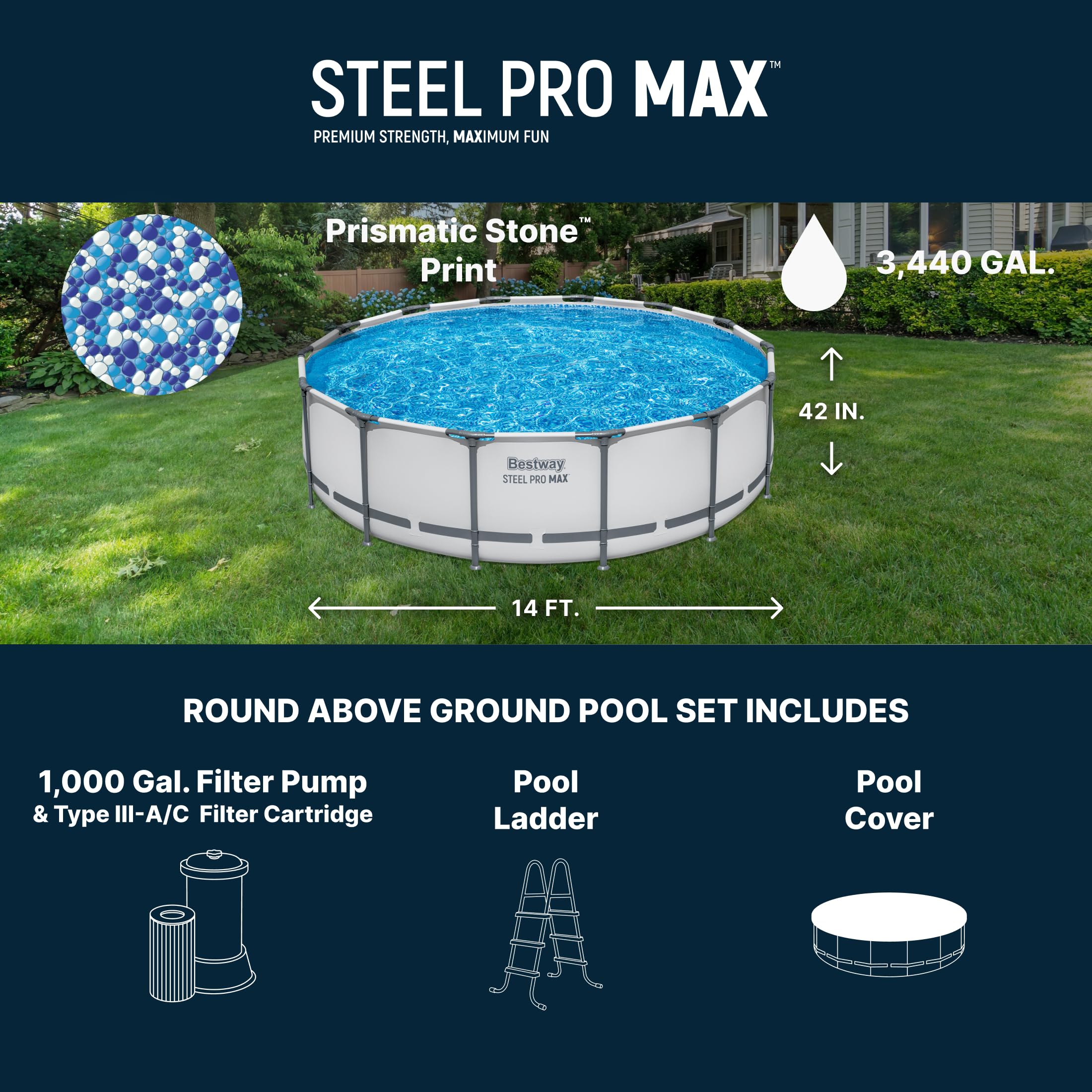Steel Pro MAX 20-foot round above ground swimming pool with metal frame and filter pump, set up outdoors for family swimming.