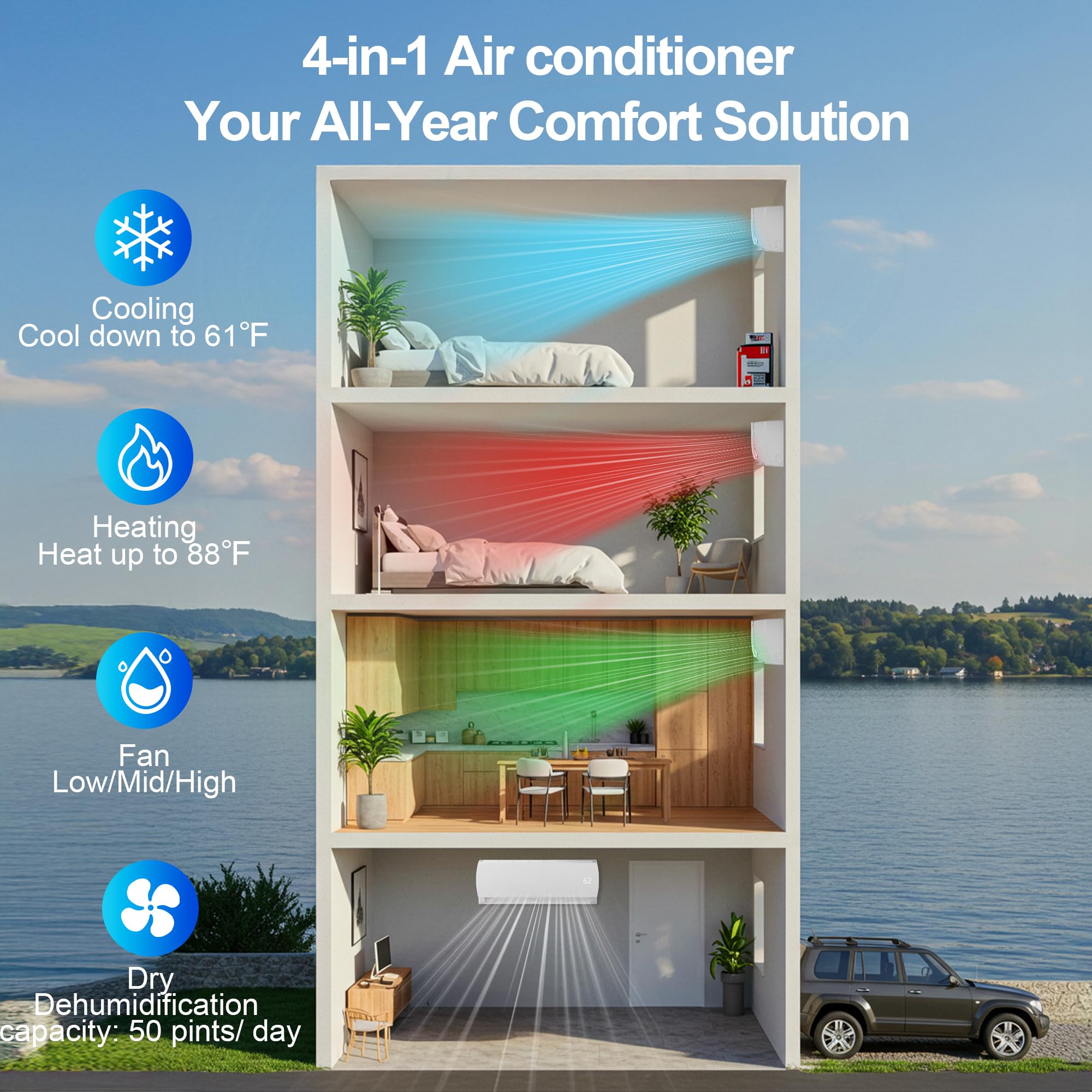 Pillowle 9000 BTU mini split AC and heater with ductless inverter system, energy-efficient 19 SEER2 cooling and heating unit.