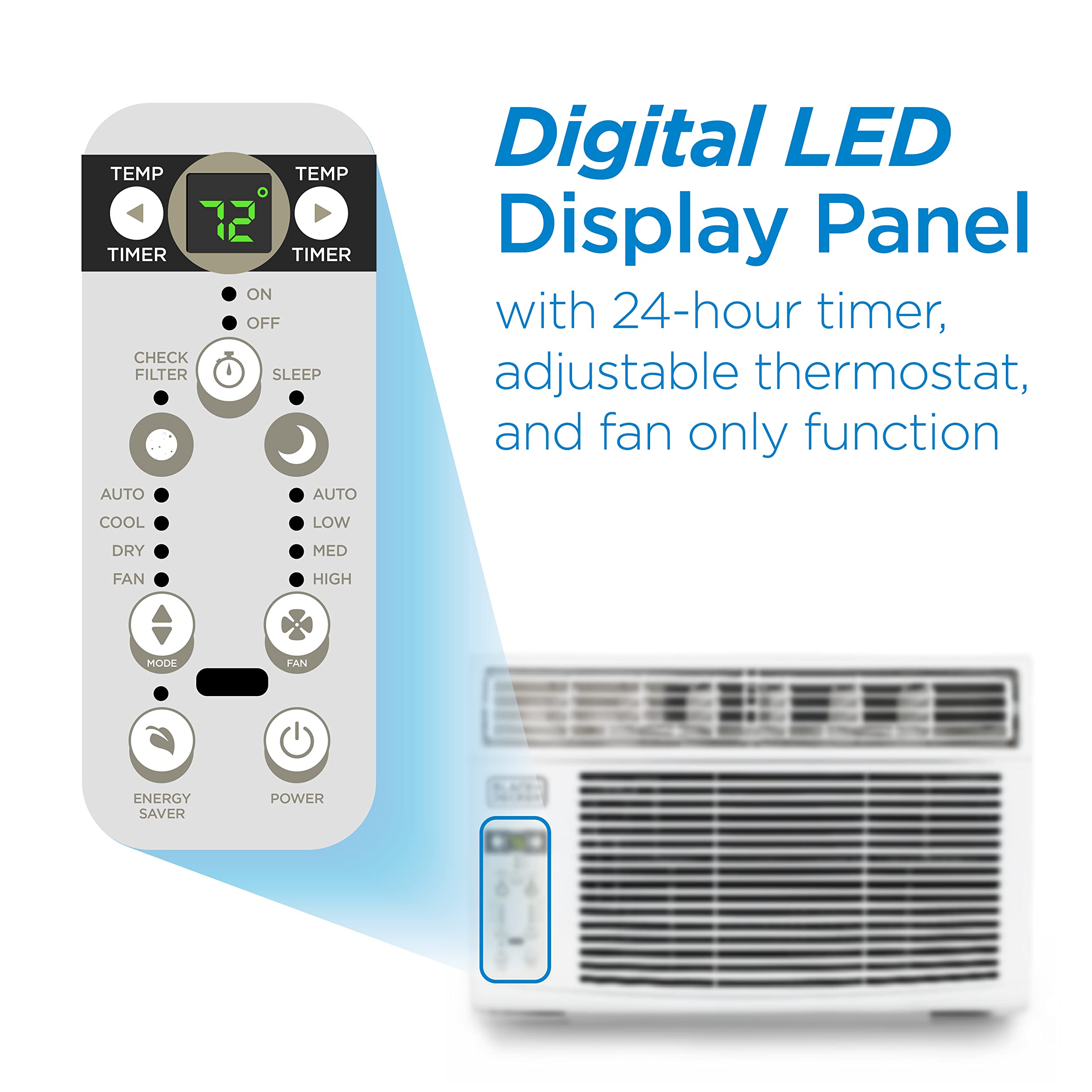 White Pillowle 14300 BTU window air conditioner model BD145WT6 installed in a window, ready to cool a room.