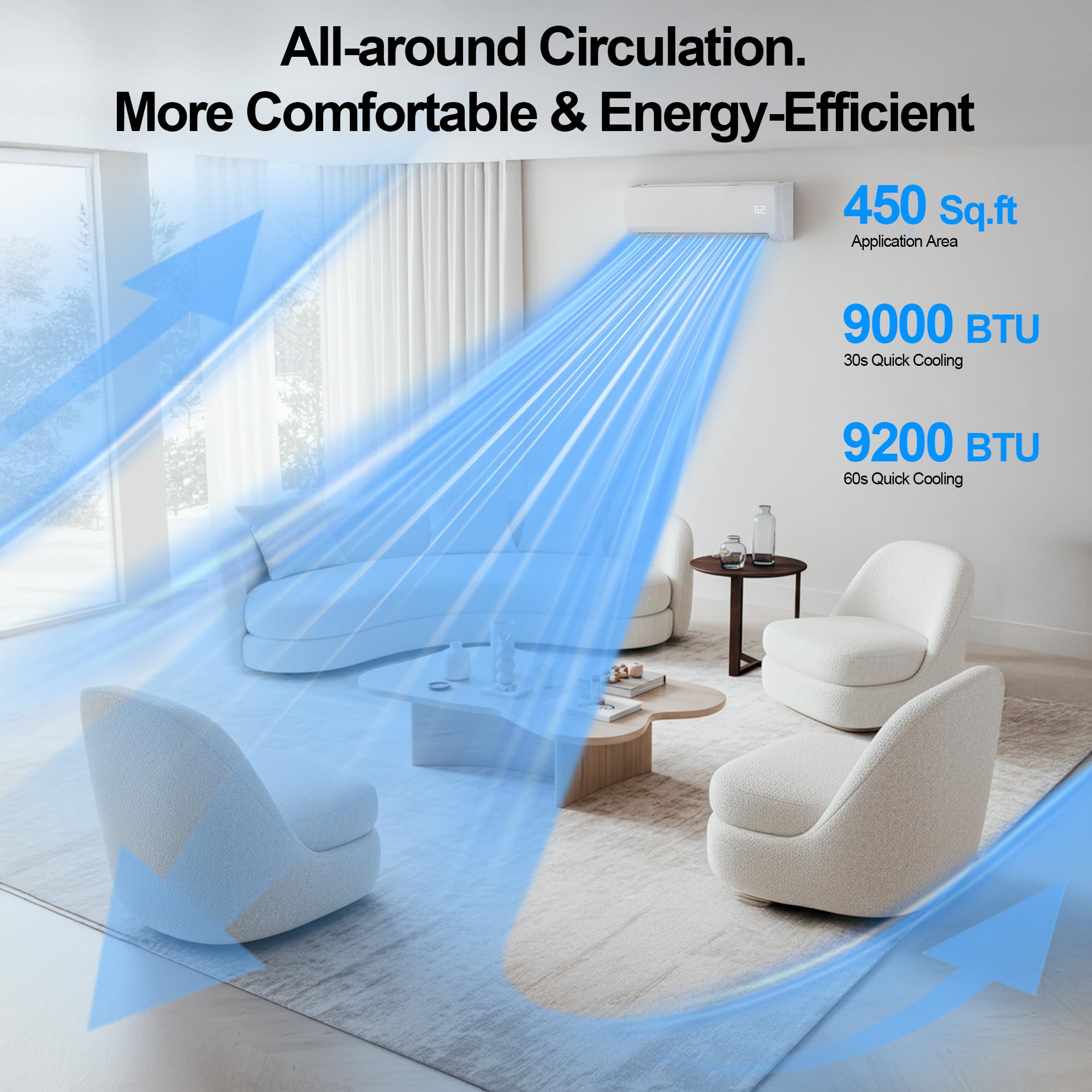 Pillowle 9000 BTU Mini Split AC and heating system with 19 SEER2, ductless inverter, energy-efficient cooling and heating.