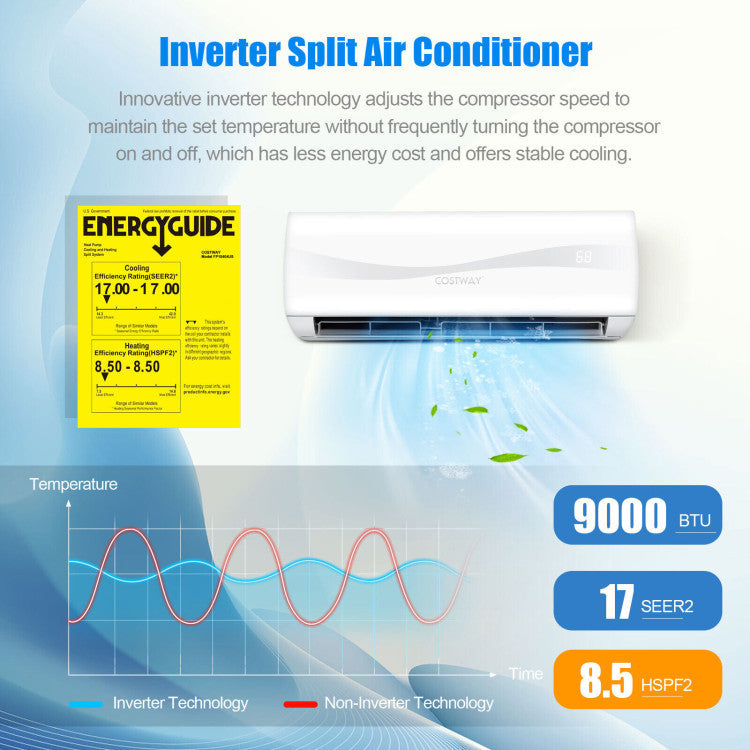 White Pillowle 9000 BTU 17 SEER2 ductless mini split air conditioner and heater mounted on wall with remote control