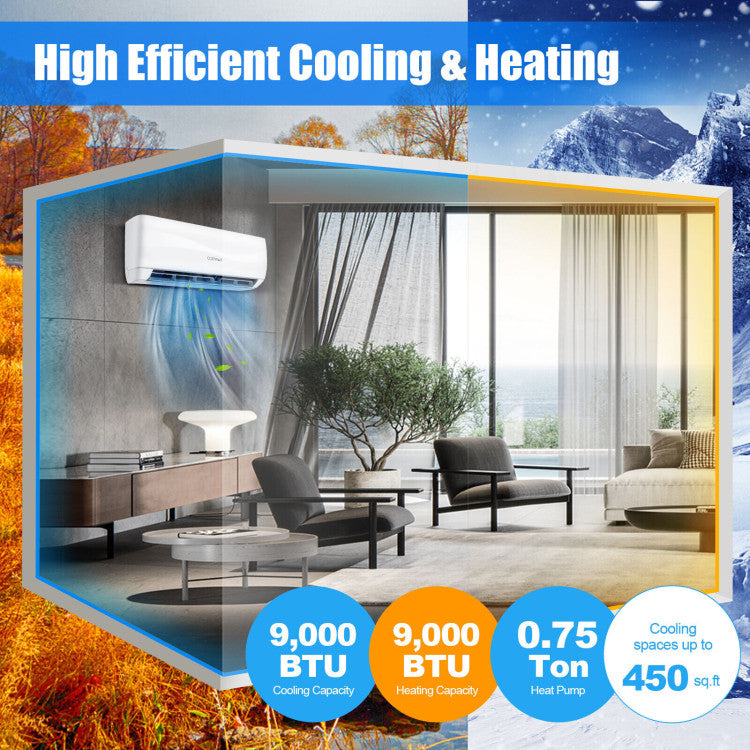 Pillowle 9000 BTU 17 SEER2 ductless mini split air conditioner and heater wall-mounted unit with remote in white