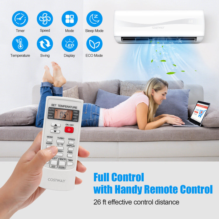 White Pillowle 9000 BTU ductless mini split air conditioner and heater with remote control, wall-mounted unit for home cooling.