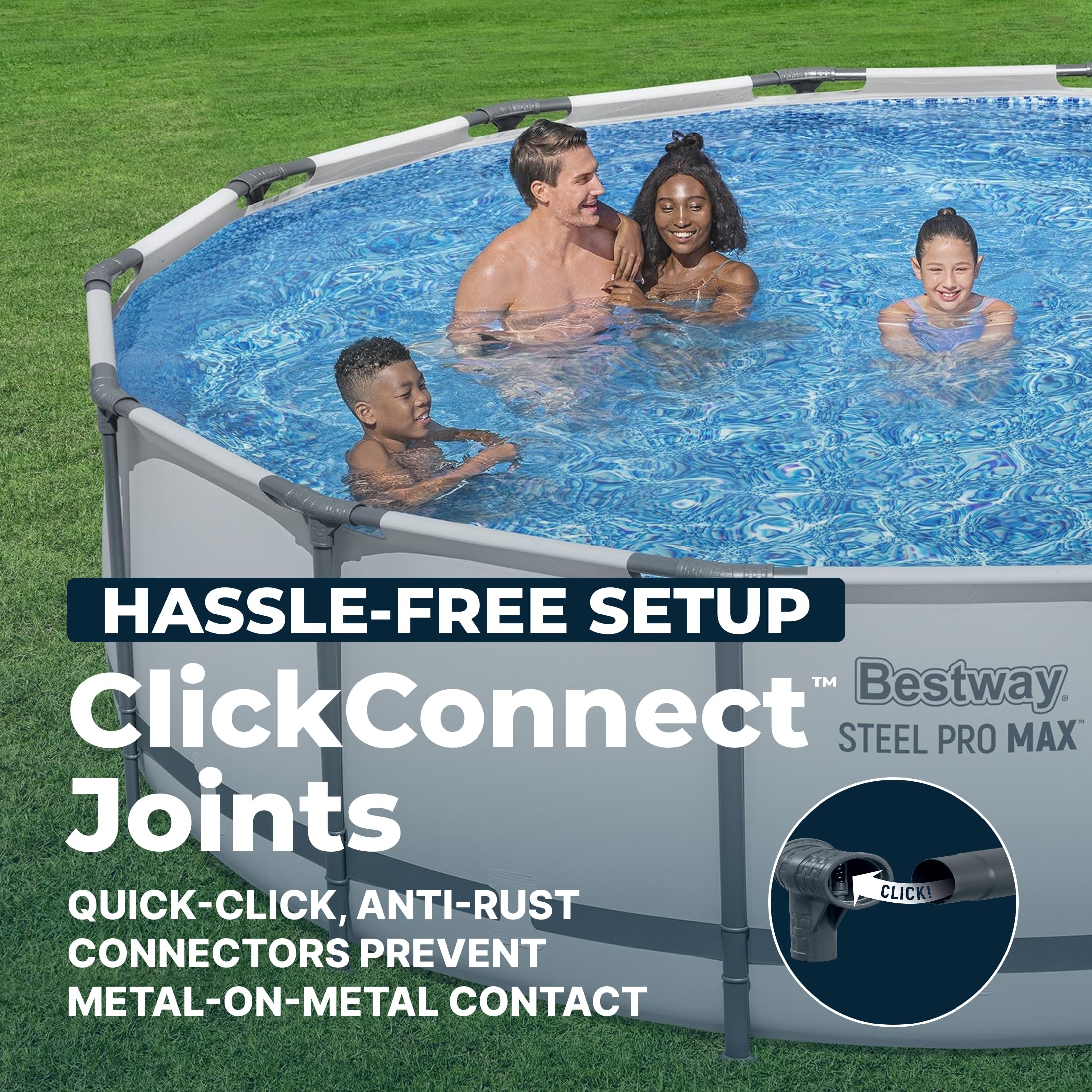 Steel Pro MAX 20-foot round above ground swimming pool with metal frame, filter pump, and outdoor setup by Pillowle.