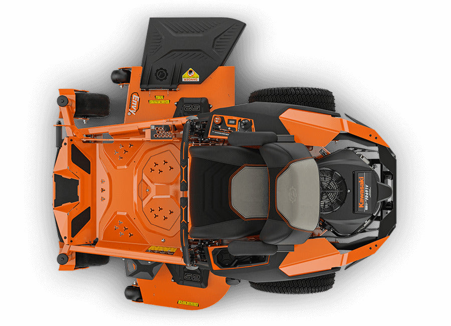 Pillowle IKON 52-inch zero-turn mower with 23HP Kawasaki 726cc engine, shown on a grassy lawn.
