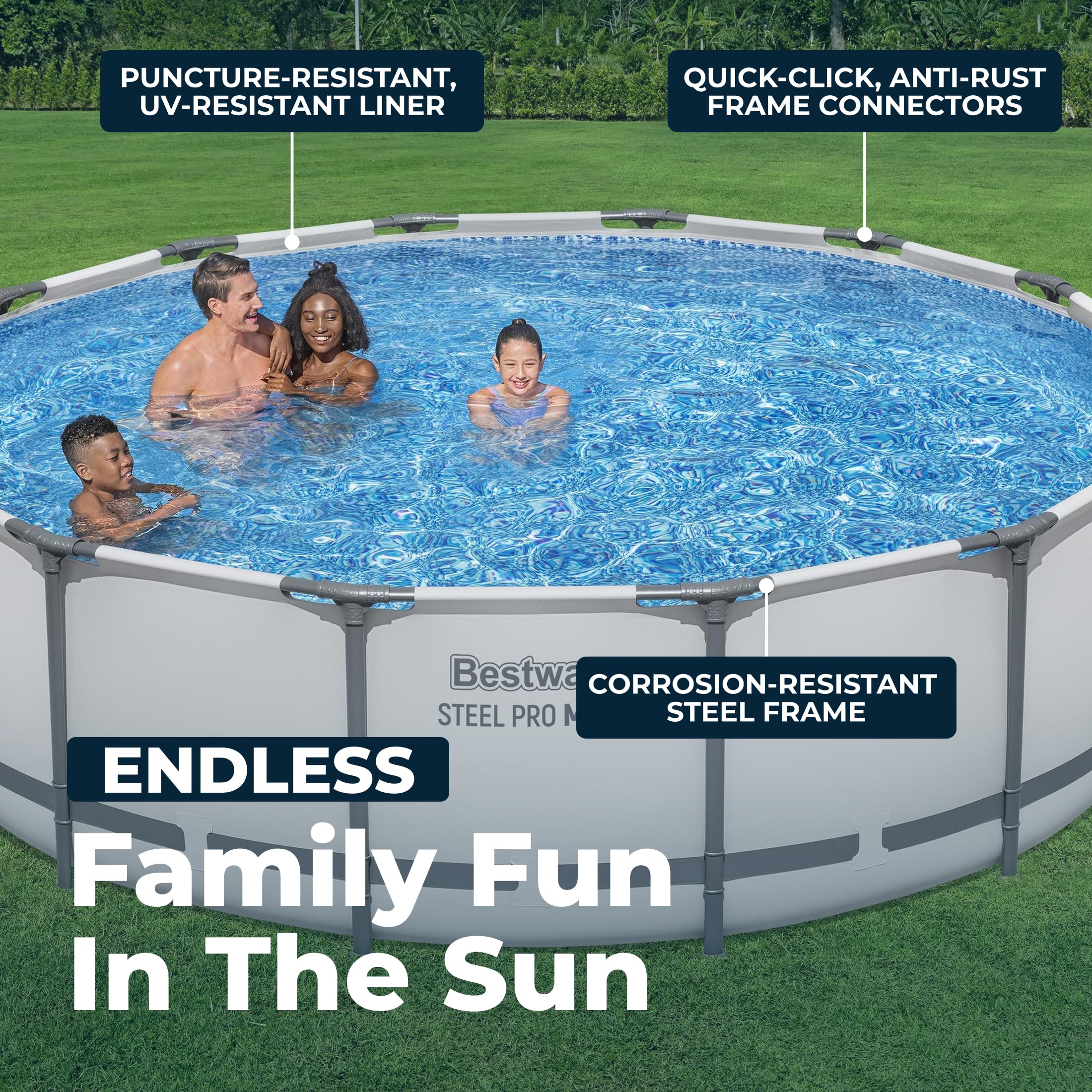 Steel Pro MAX 20ft round above ground swimming pool with metal frame, filter pump, and outdoor setup by Pillowle.