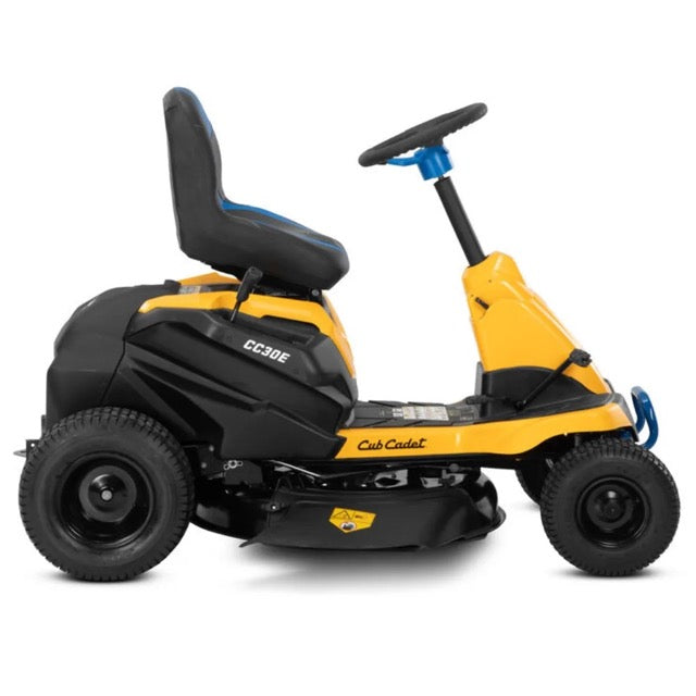Cub Cadet CC30E electric riding lawn mower by Pillowle, showing a sleek green and black mower with a comfortable seat and cutting deck.