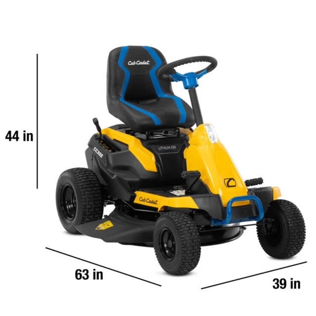 Cub Cadet CC30E electric riding lawn mower with a cutting deck and comfortable seat, designed for efficient garden mowing.