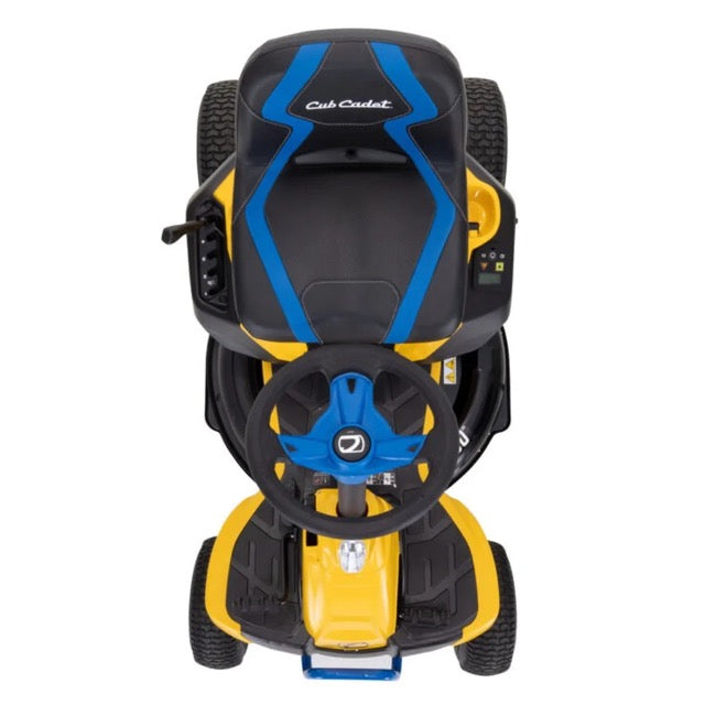 Cub Cadet CC30E electric riding lawn mower with a cutting deck and ergonomic seat, designed for efficient yard maintenance.