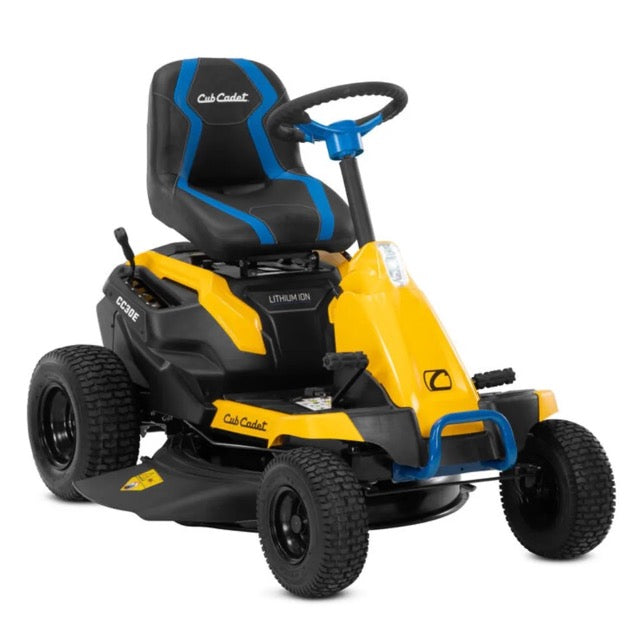 Cub Cadet CC30E electric riding lawn mower with a padded seat and cutting deck, designed for efficient yard mowing.