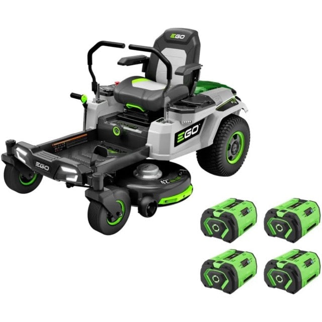EGO Power+ 42-inch zero-turn riding mower with 56V lithium battery and included charger, displayed on a lawn.