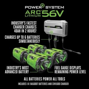EGO Power+ 42-inch zero-turn riding mower with 56V lithium battery and charger, featuring a wide cutting deck and ergonomic design.