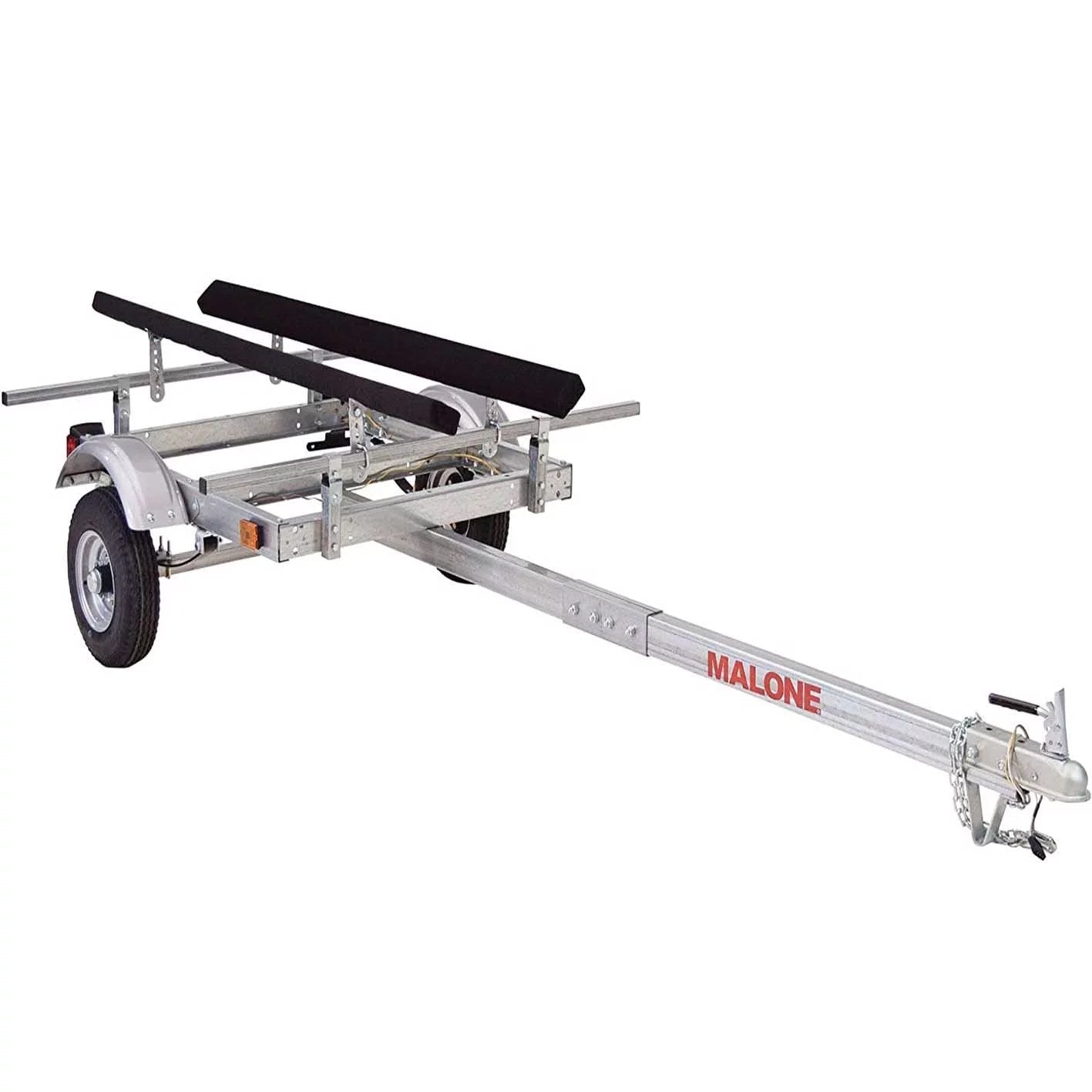 EcoLight single kayak trailer by Pillowle showing lightweight aluminum frame and padded support for easy kayak transport