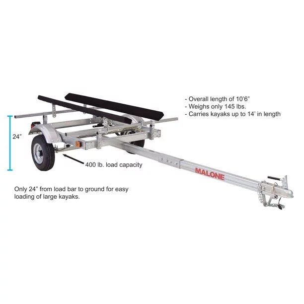 EcoLight single kayak trailer by Pillowle showing lightweight, compact kayak transport with secure straps and durable frame.