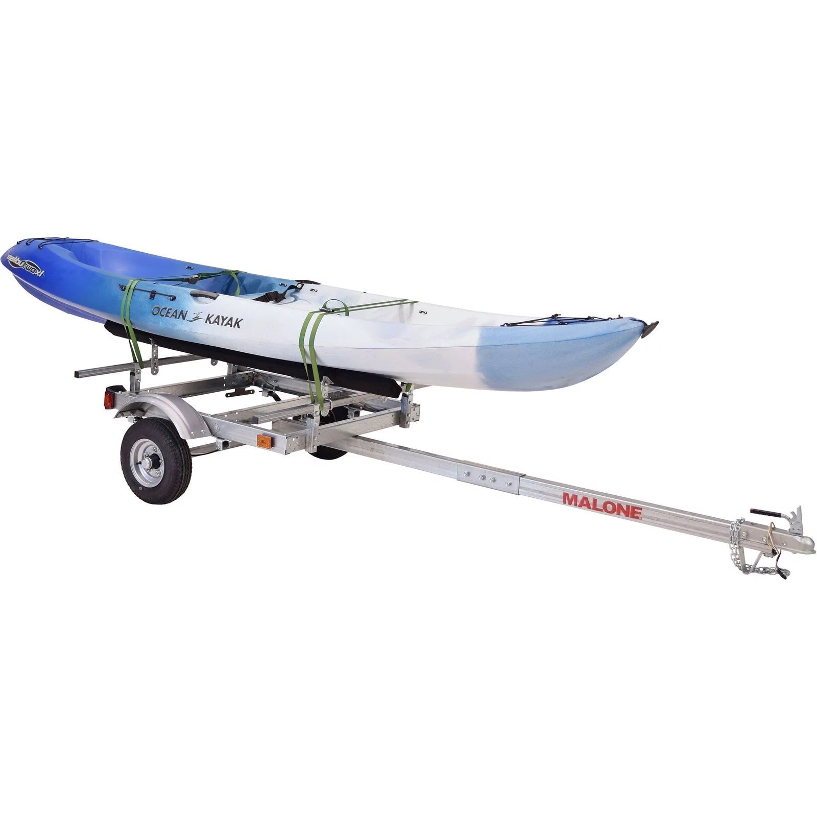 EcoLight single kayak trailer by Pillowle, showcasing lightweight aluminum frame and secure kayak support for easy transport.