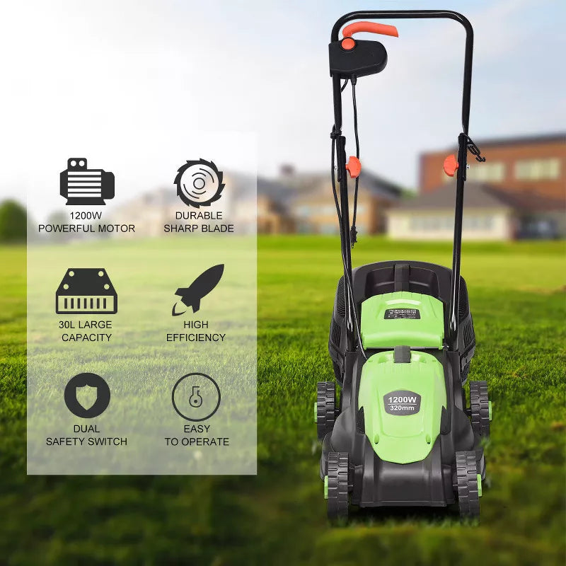 Pillowle 13.5-inch electric corded lawn mower with 12-amp motor, adjustable height and grass collector, walk-behind design.