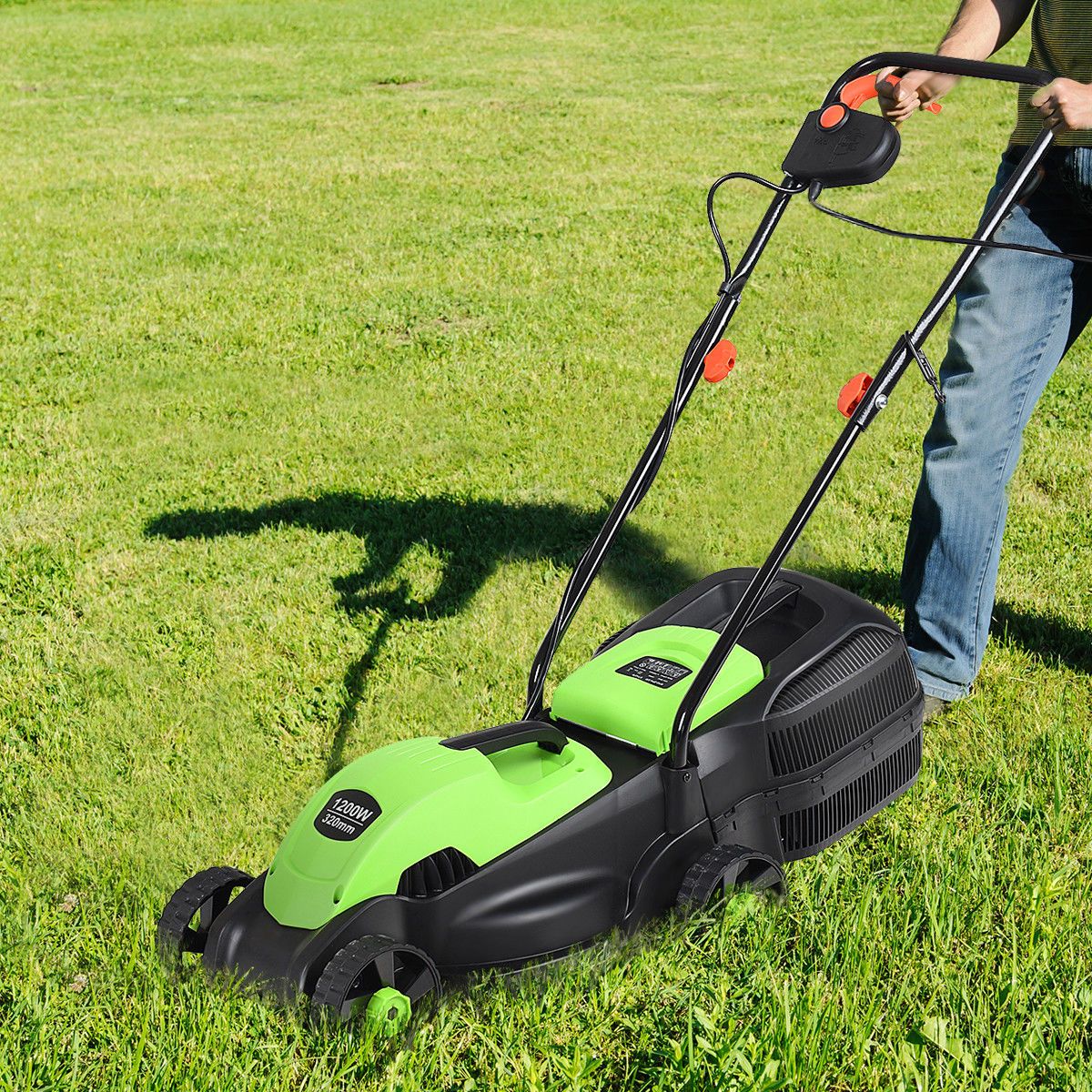 Pillowle 13.5-inch electric corded lawn mower with 12-amp motor, adjustable height, and grass collector on a lawn.