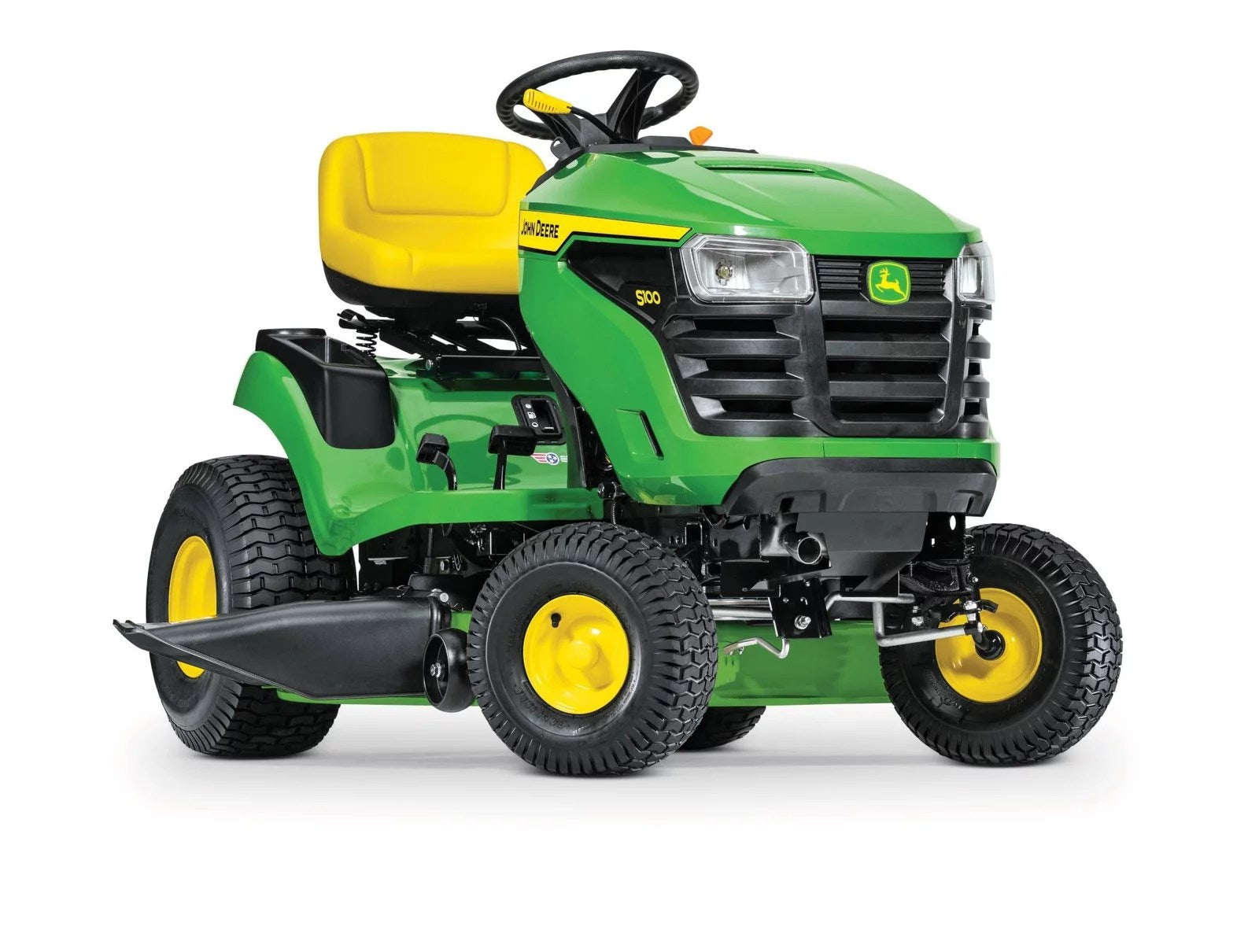 John Deere S100 riding lawn mower with 17.5 HP gas engine and hydrostatic drive, shown outdoors on a grassy lawn.