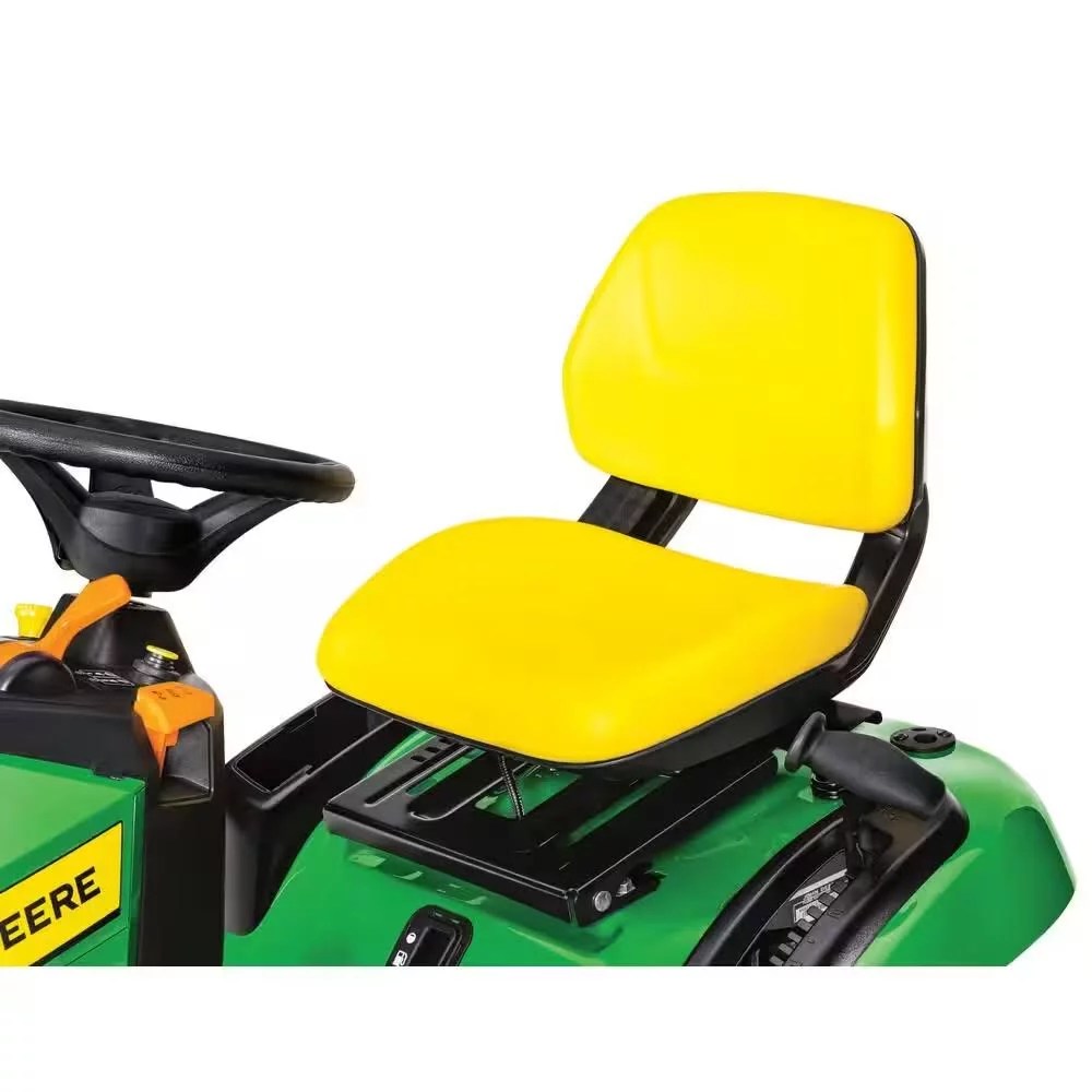 John Deere S100 riding lawn mower with 17.5 HP gas engine and hydrostatic drive, shown from the front with grass cutting deck