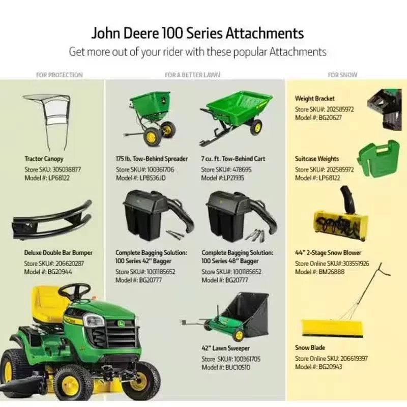 John Deere S100 riding lawn mower with 17.5 HP gas engine and hydrostatic drive, shown outdoors on a grassy lawn.