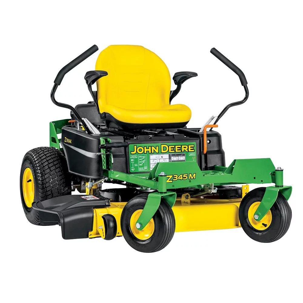John Deere Z345M zero-turn riding mower with gas engine and dual hydrostatic drive, shown with cutting deck and comfortable seat.