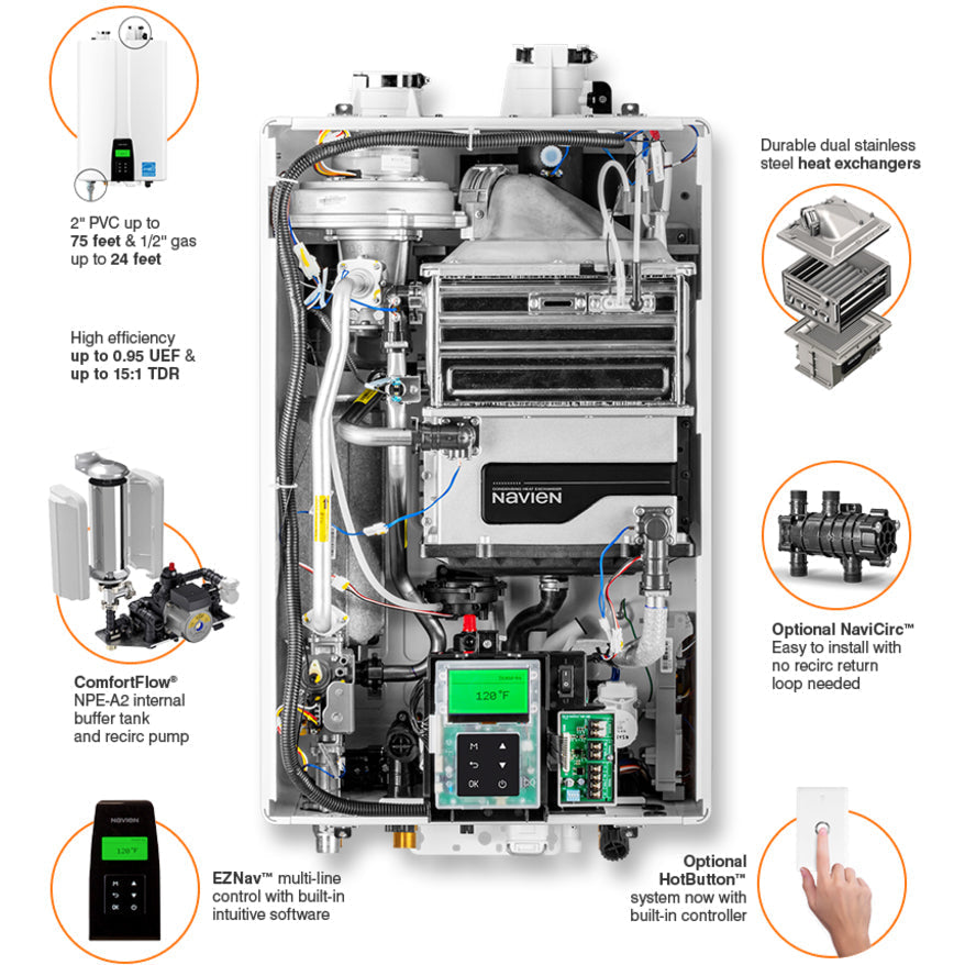 Interior view of Pillowle NPE-240A2 condensing tankless water heater showing internal components and plumbing connections.