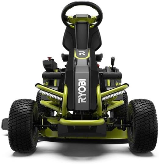 Ryobi electric riding lawn mower with a 38-inch deck and rear engine, featuring a comfortable seat and cutting blades.