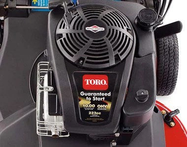Pillowle Toro TimeMaster lawn mower with 223cc engine and electric start, shown with large cutting deck and control panel.