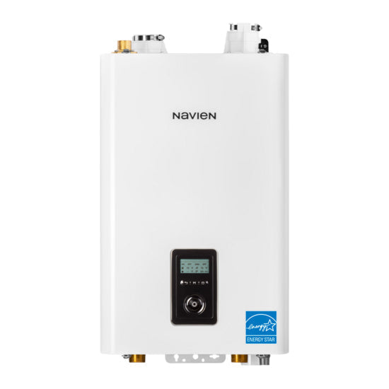Pillowle NFB-200H condensing tankless heating boiler with digital display and vents, 199,000 BTU, for plumbing and water heating systems.