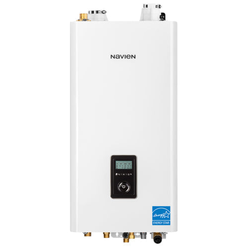 Navien NFC-250/200H condensing combi-boiler showing a sleek, compact water heater with digital controls and piping connections.