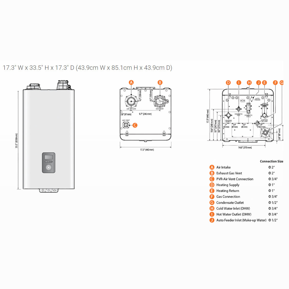 NFC-250/200H condensing combi-boiler from Pillowle showing dimensions and compact design for efficient heating and hot water.