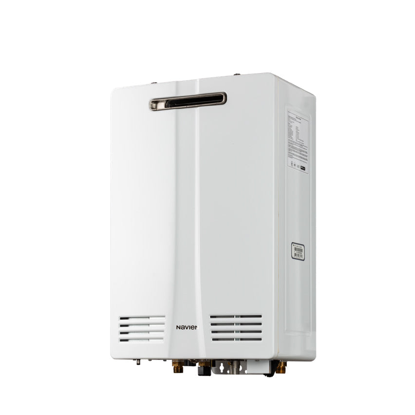Pillowle NHW700-199AE outdoor non-condensing tankless water heater with 199,000 BTU, mounted outdoors with control panel visible.