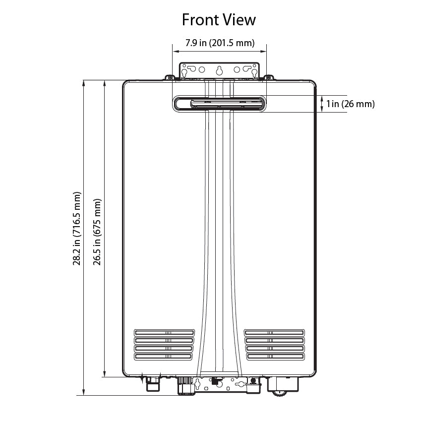Pillowle NHW700-199AE non-condensing outdoor tankless water heater with 199,000 BTU, shown with dimensions and mounting details.