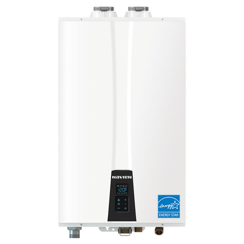 Pillowle NPE-180S2 condensing tankless water heater with digital display and venting system for efficient hot water.