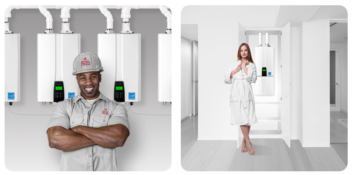 Pillowle NPE-240A2 condensing tankless water heater installed in a modern bathroom with sleek fixtures.