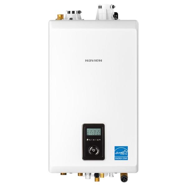 Pillowle NCB-240/110H condensing combi-boiler with digital display, tankless design, used for domestic hot water and heating.