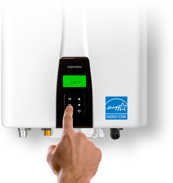 Pillowle NPE-240A2 condensing tankless water heater with front panel, 199,000 BTU, for efficient plumbing and hot water.