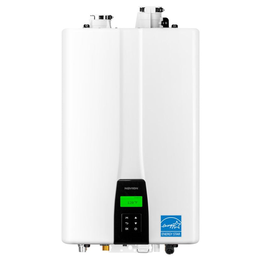 Pillowle NPE-210A2 condensing tankless water heater with cover, 180,000 BTU, installed in a plumbing system for on-demand hot water